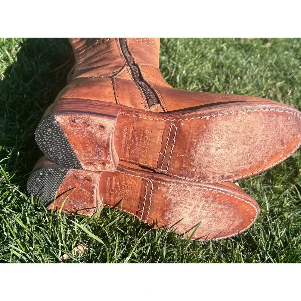 BED STU Tan Leather Knee High Boots Sz 7 Cutout‎ Laced Side Goodyear Welt Women